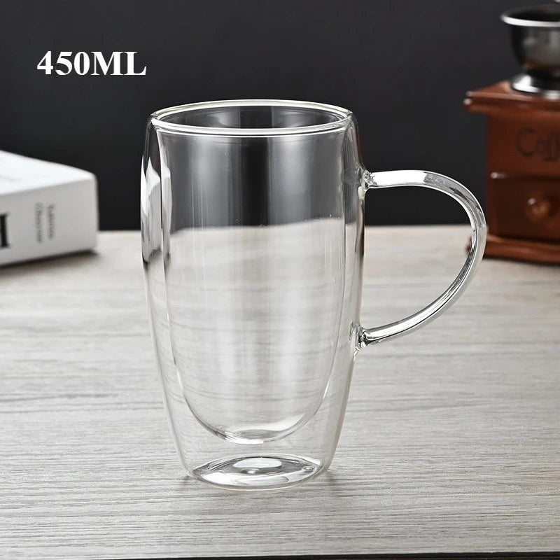 Glass Double-Layer Cup with Handle for Household Use, Glass Milk Tea Coffee Drinking Cup, Insulated Tea Cup for Household Use