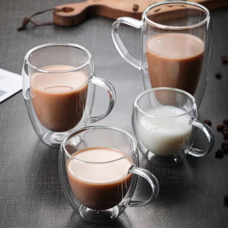 Glass Double-Layer Cup with Handle for Household Use, Glass Milk Tea Coffee Drinking Cup, Insulated Tea Cup for Household Use