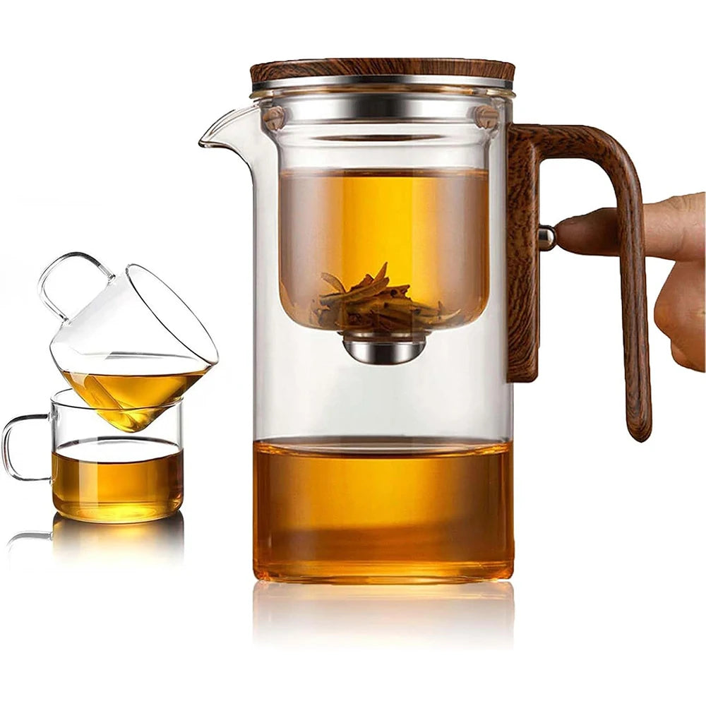 600ML Enchanti Tea Pot Glass Kettle Teapot with Wooden Handle One Click Switch Tea Filtration Teapots Puer Tea Cup Set