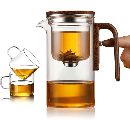 600ML Enchanti Tea Pot Glass Kettle Teapot with Wooden Handle One Click Switch Tea Filtration Teapots Puer Tea Cup Set