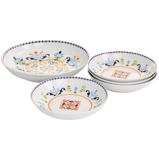 Gibson Home Tijuana 5 Piece Fine Cermic Pasta Bowl Set in White and Multi-0