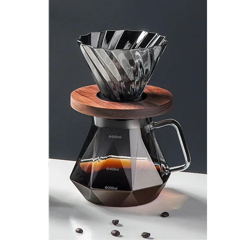 Clear Glass Coffee Carafe, Diamond Shaped Coffee Pot with Reusable Coffee Filter Cup, Standard Glass Coffee Pot