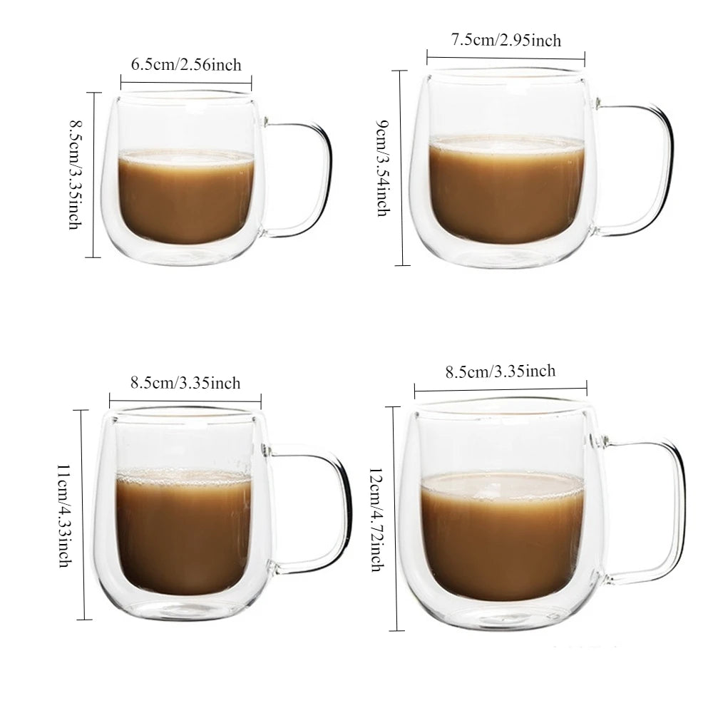 1Pc Double Wall Glass Coffee Cup with Handle Insulated Glass Espresso Cups for Cold/Hot Drink Americano/Lattes/Tea/Juice/Milk