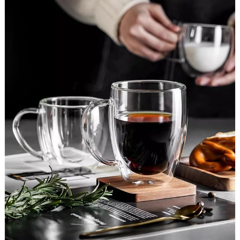 Glass Double-Layer Cup with Handle for Household Use, Glass Milk Tea Coffee Drinking Cup, Insulated Tea Cup for Household Use
