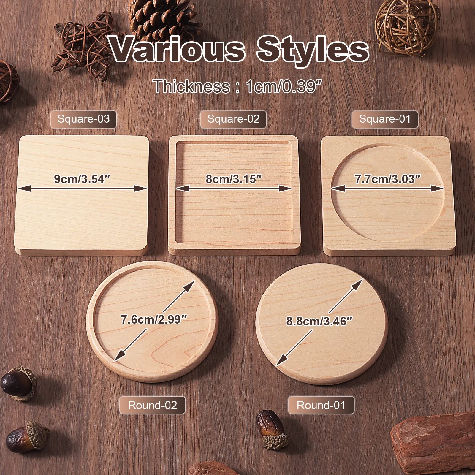 1PCS Solid Walnut Wood Coaster round Square Beech Wood Cup Mat Durable Heat Resistant Tea Coffee Cup Pad Placemats 8.8Cm/3.46In