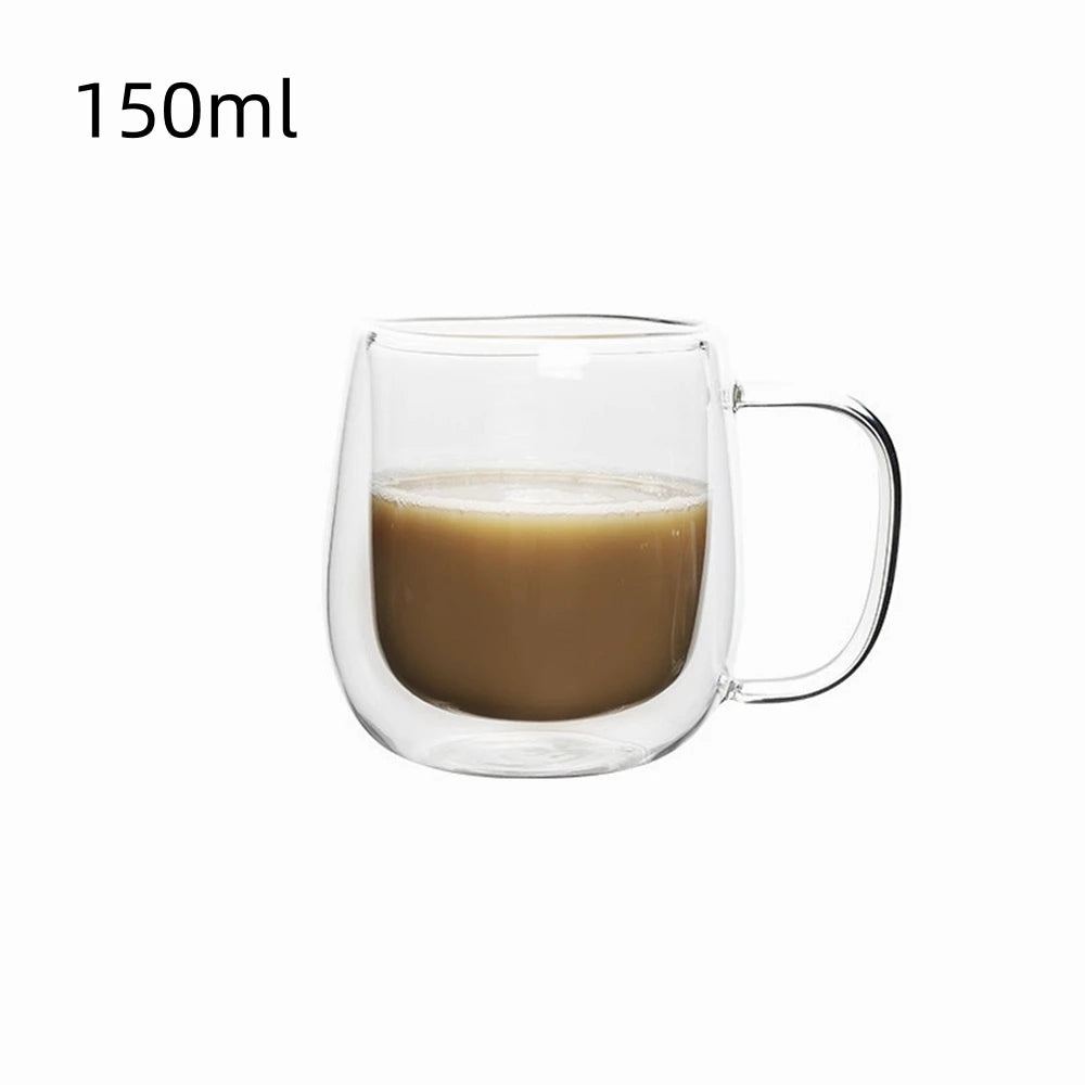 1Pc Double Wall Glass Coffee Cup with Handle Insulated Glass Espresso Cups for Cold/Hot Drink Americano/Lattes/Tea/Juice/Milk