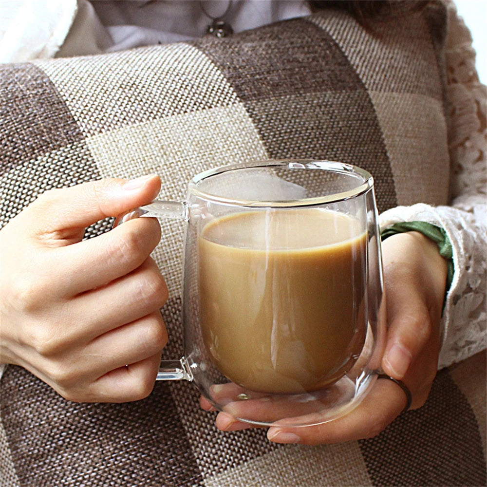 1Pc Double Wall Glass Coffee Cup with Handle Insulated Glass Espresso Cups for Cold/Hot Drink Americano/Lattes/Tea/Juice/Milk