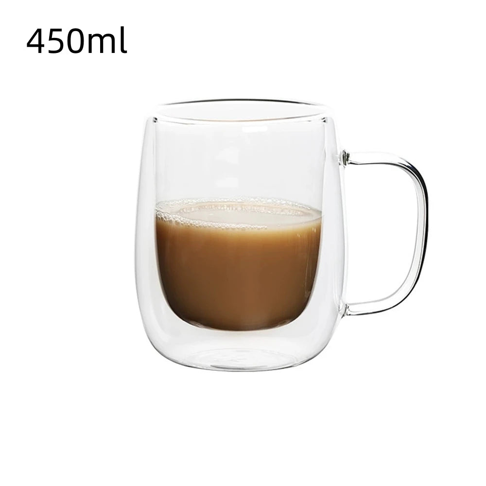 1Pc Double Wall Glass Coffee Cup with Handle Insulated Glass Espresso Cups for Cold/Hot Drink Americano/Lattes/Tea/Juice/Milk