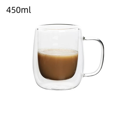 1Pc Double Wall Glass Coffee Cup with Handle Insulated Glass Espresso Cups for Cold/Hot Drink Americano/Lattes/Tea/Juice/Milk