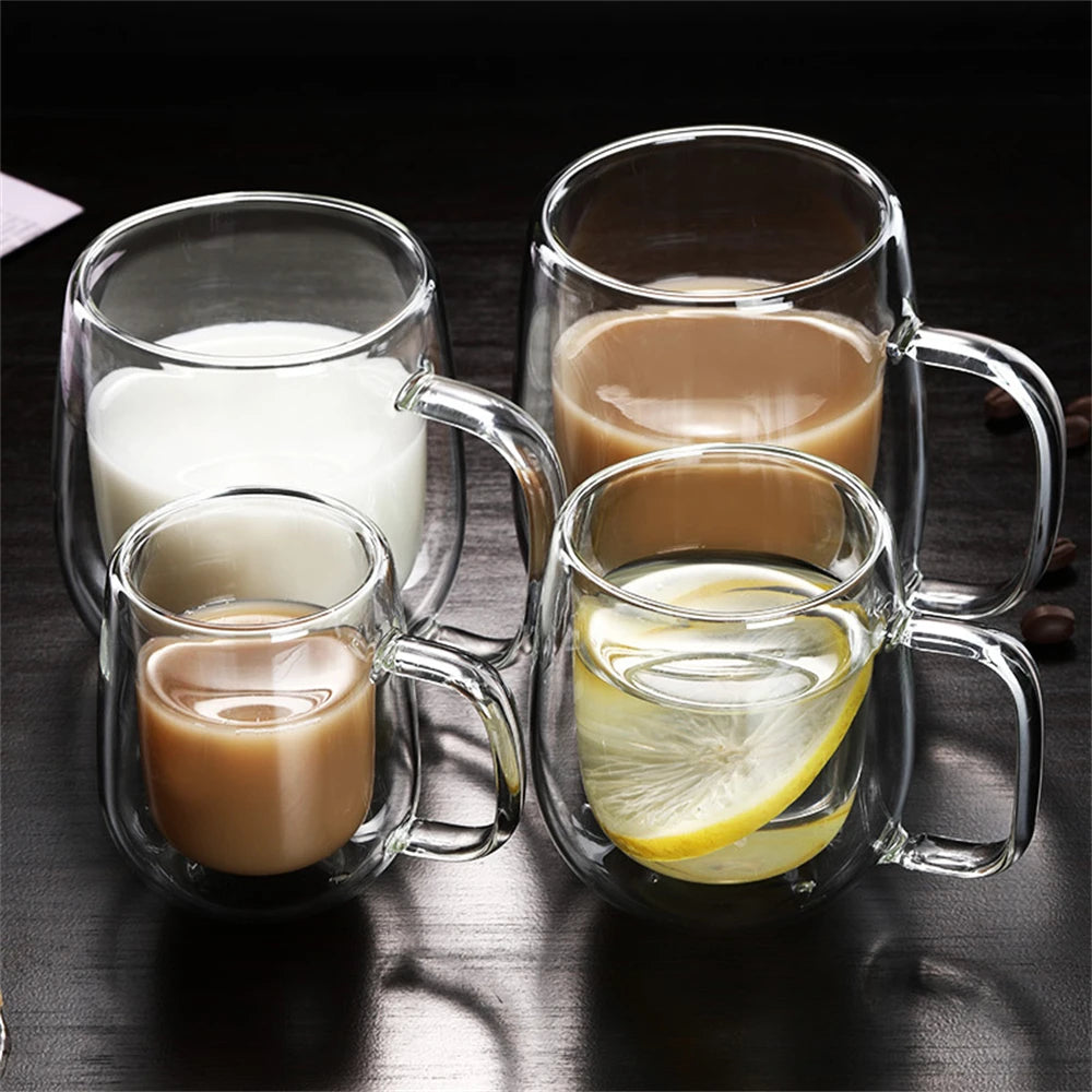 1Pc Double Wall Glass Coffee Cup with Handle Insulated Glass Espresso Cups for Cold/Hot Drink Americano/Lattes/Tea/Juice/Milk