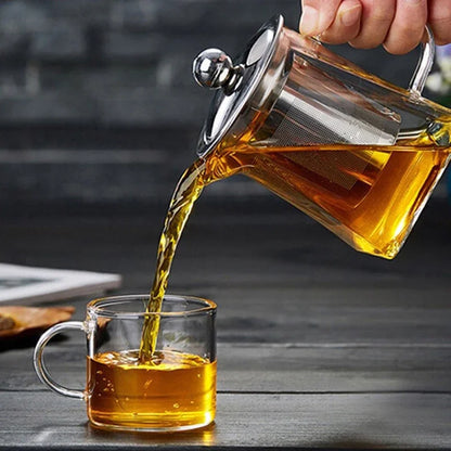 Heat Resistant Glass Teapot with Stainless Steel Coffee Infuser Heated Container Tea Pot Good Clear Kettle Square Filter Baskets