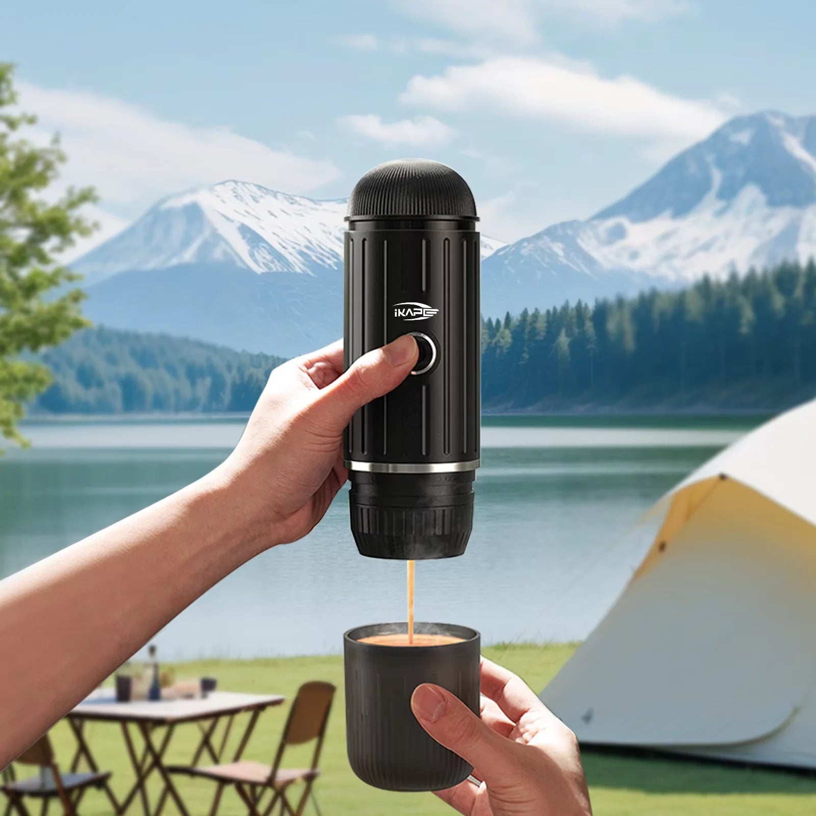 Portable Electric Coffee Maker,Mini Italian Capsule Coffee Machine,Hot/Cold Woter and Capsule/Ground Coffee,Hiking/Camping