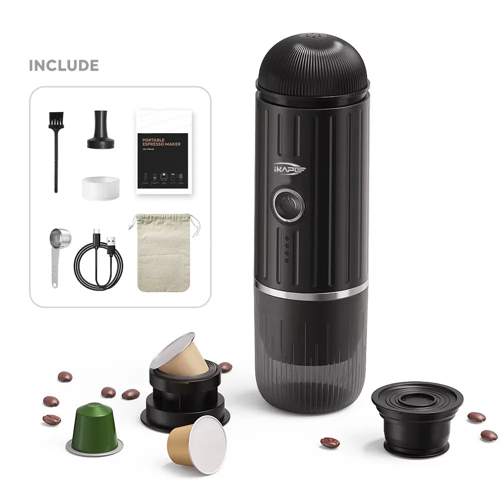 Portable Electric Coffee Maker,Mini Italian Capsule Coffee Machine,Hot/Cold Woter and Capsule/Ground Coffee,Hiking/Camping