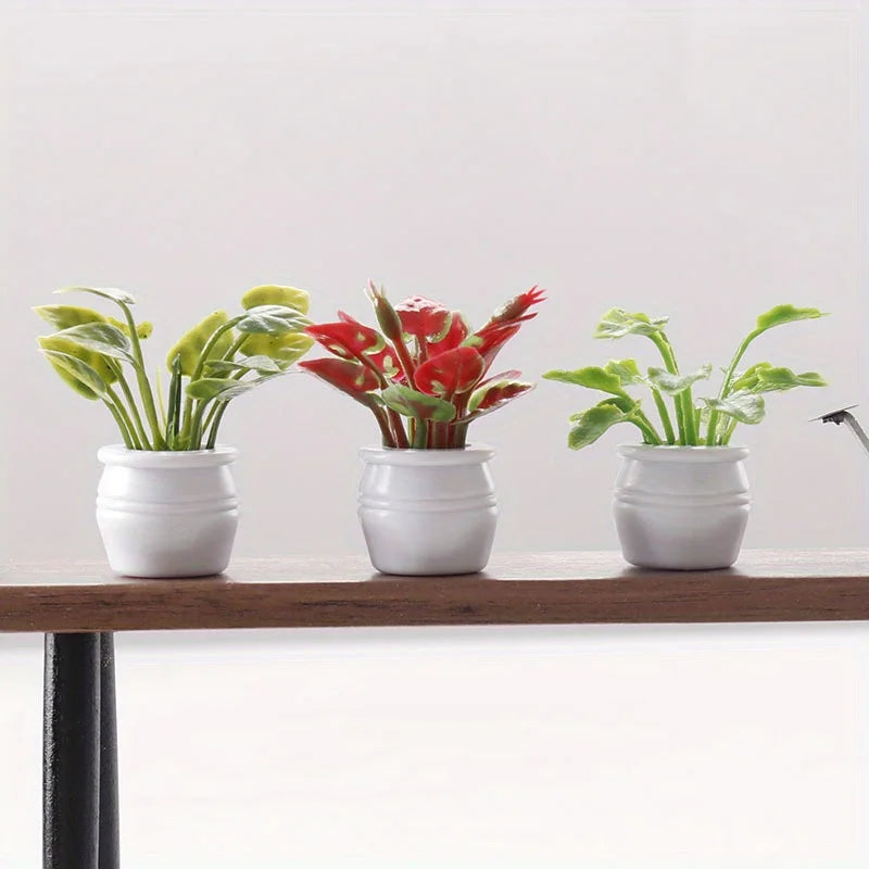 3Pcs/Set Mini Miniature Potted Plant, Model Fake Greenery Ornament Tiny Bonsai Model Garden Plants Floral Decor Bonsai