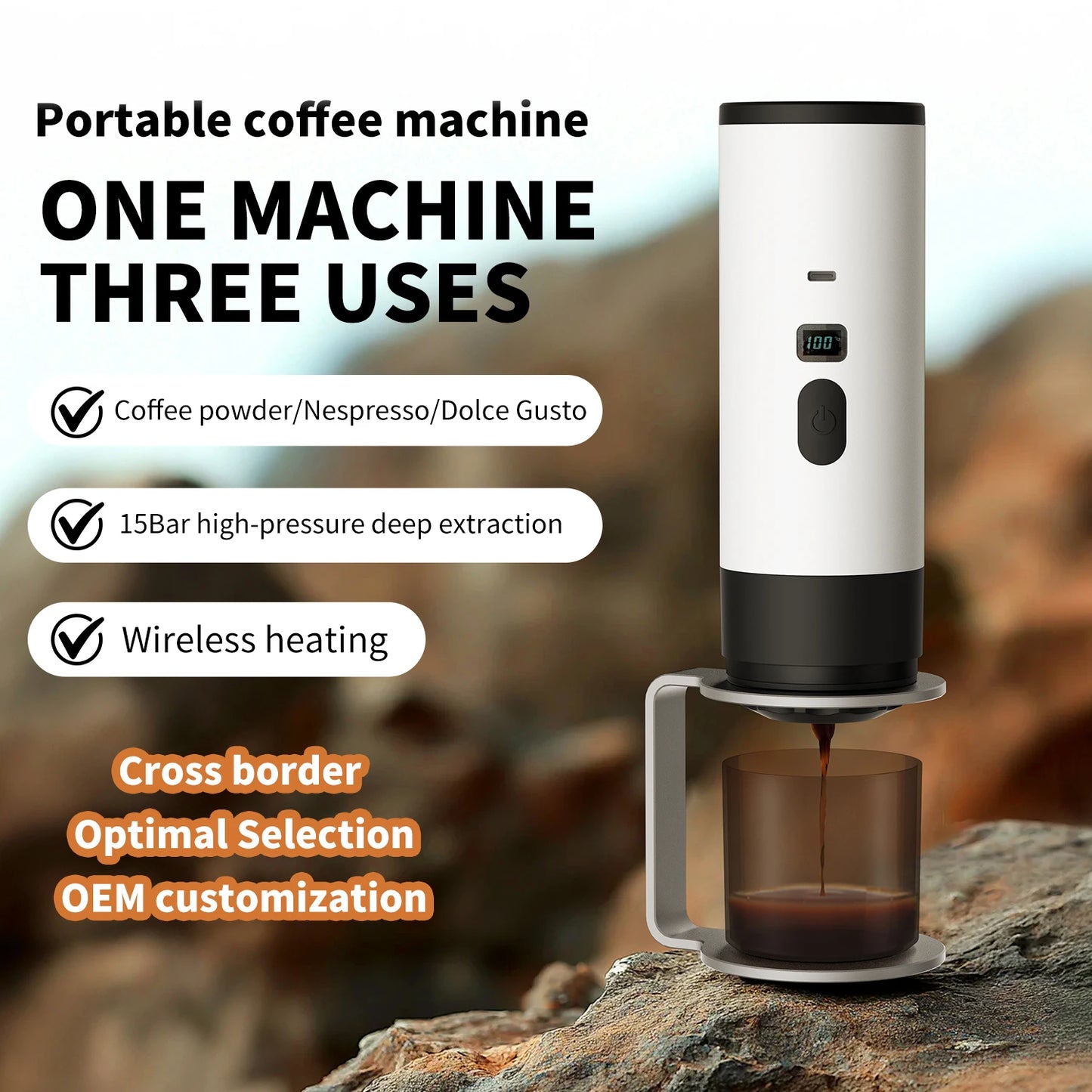 3-In-1 Portable Electric Coffee Maker Capsule Coffee Grinder Travel Coffee Maker with Cordless Heating for Car and Home Camping
