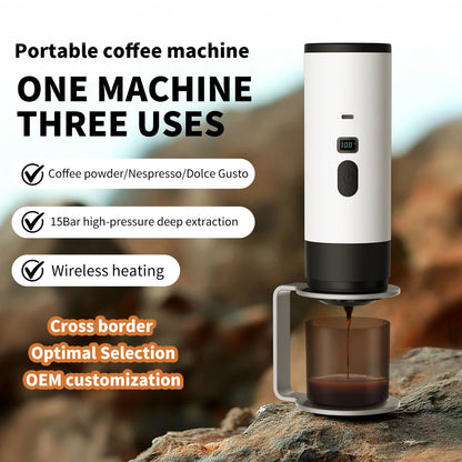3-In-1 Portable Electric Coffee Maker Capsule Coffee Grinder Travel Coffee Maker with Cordless Heating for Car and Home Camping