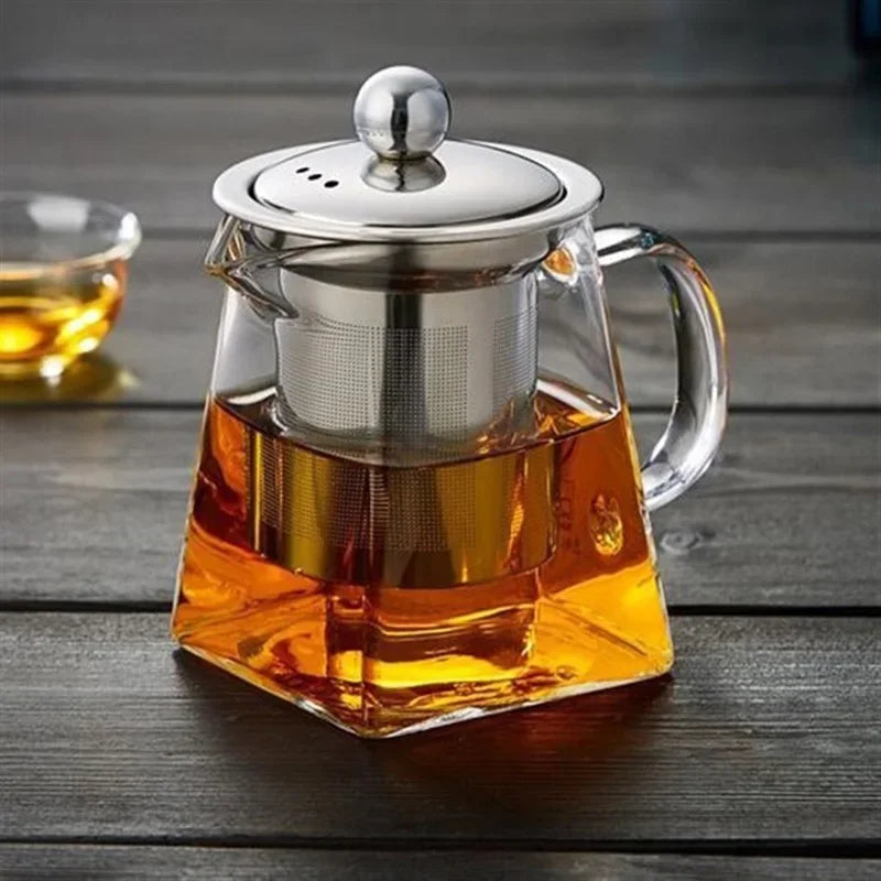Heat Resistant Glass Teapot with Stainless Steel Coffee Infuser Heated Container Tea Pot Good Clear Kettle Square Filter Baskets