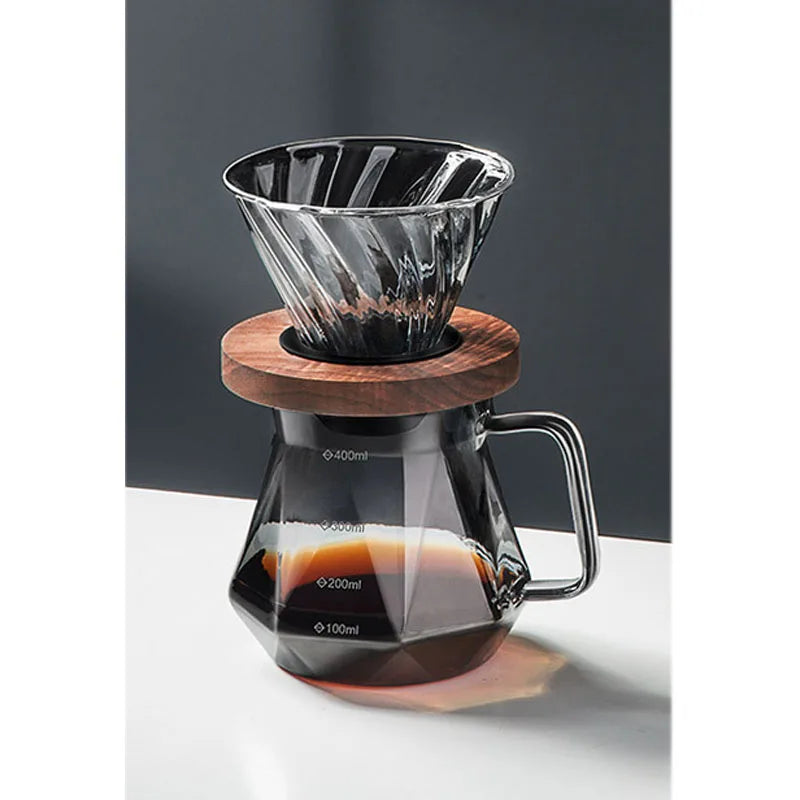 Clear Glass Coffee Carafe, Diamond Shaped Coffee Pot with Reusable Coffee Filter Cup, Standard Glass Coffee Pot