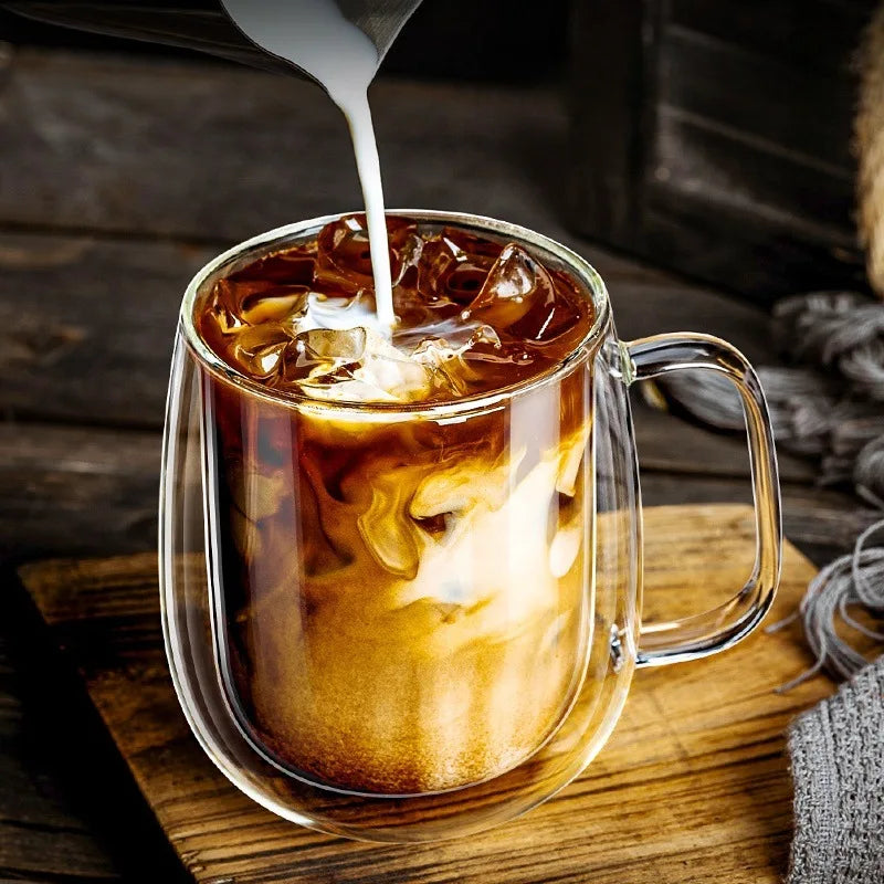 1Pc Double Wall Glass Coffee Cup with Handle Insulated Glass Espresso Cups for Cold/Hot Drink Americano/Lattes/Tea/Juice/Milk