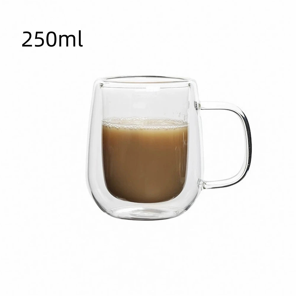 1Pc Double Wall Glass Coffee Cup with Handle Insulated Glass Espresso Cups for Cold/Hot Drink Americano/Lattes/Tea/Juice/Milk