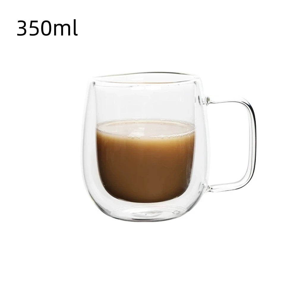 1Pc Double Wall Glass Coffee Cup with Handle Insulated Glass Espresso Cups for Cold/Hot Drink Americano/Lattes/Tea/Juice/Milk
