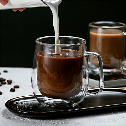 1Pc Double Wall Glass Coffee Cup with Handle Insulated Glass Espresso Cups for Cold/Hot Drink Americano/Lattes/Tea/Juice/Milk